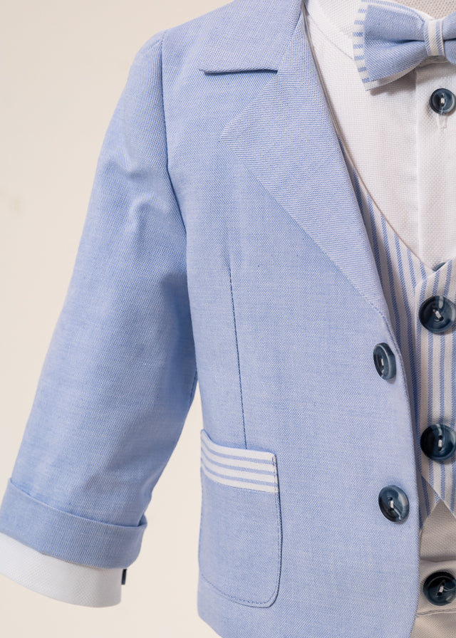 Costum Mike Sacou Bleu Vesta Crem Cu Dungi Bleu