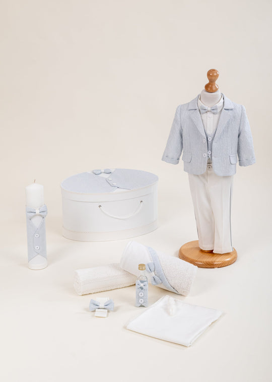 Set Botez Aron 4 Piese, Costum, Trusou, Lumanare si Cufar Personalizat Botez AnneBebe