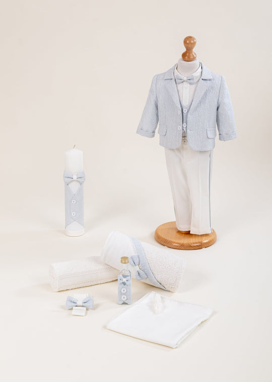 Set Botez Aron 3 Piese, Costum, Trusou si Lumanare Personalizat Botez AnneBebe