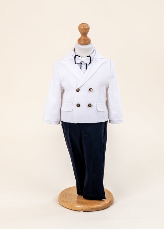 Costum de Botez Sacou Alb cu Doua Randuri de Nasturi si Pantalon Bleumarin pentru Baieti – Sergiu | AnneBebe