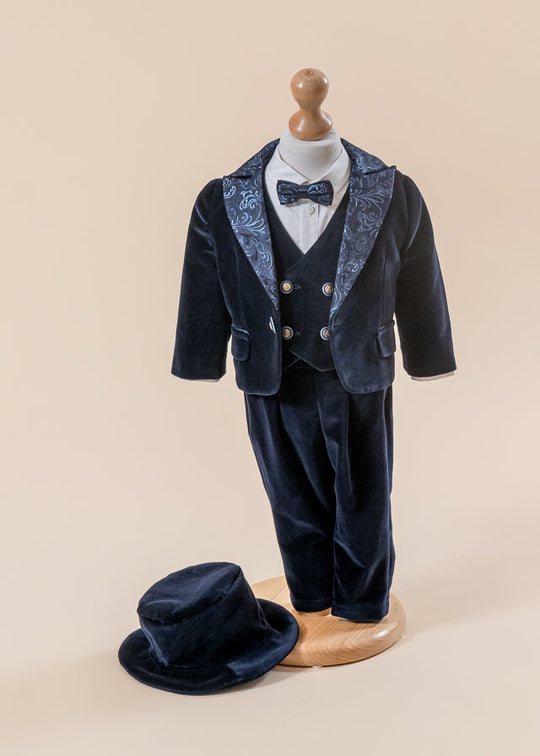 Lucian Navy Velvet Suit With Brocade Lapel