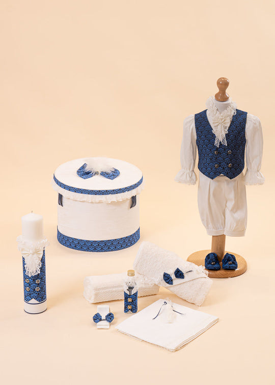 Set Botez Print 4 Piese ( Costum+Trusou+Lumanare+Cufar ) Personalizat Botez AnneBebe