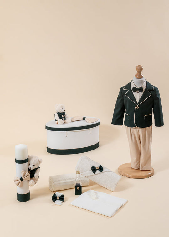 Set Botez Cezar 4 Piese, Costum, Trusou, Lumanare si Cufar Personalizat Botez AnneBebe