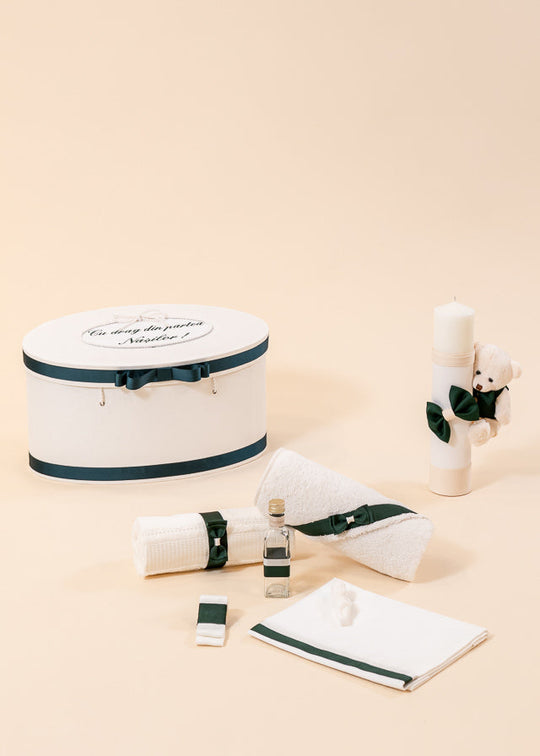 Set Botez Albert 3 Piese, Lumanare, Trusou si Cufar Personalizat Botez AnneBebe