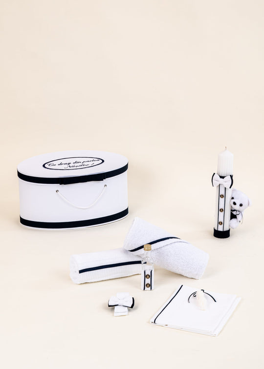 Set de Botez Sergiu 3 Piese: Lumanare, Trusou si Cufar Personalizat – Sergiu | AnneBebe