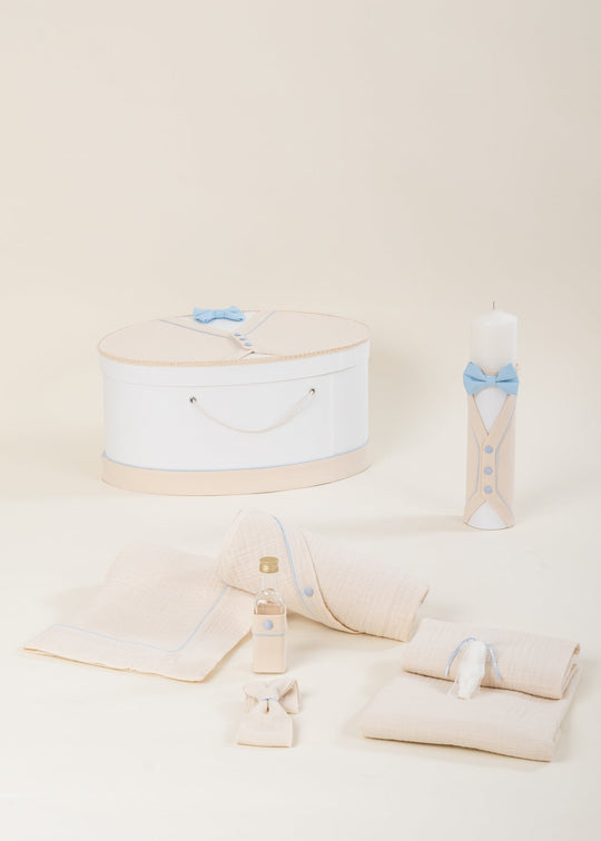 Set Botez Kevin 3 Piese, Lumanare, Trusou si Cufar Personalizat Botez AnneBebe