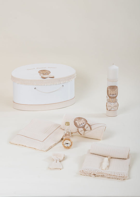 Set Botez Leu Brodat (Hector si Enzo) 3 Piese, Lumanare, Trusou si Cufar Personalizat Botez AnneBebe