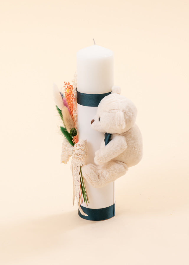 Small Bear Christening Candle Cream And Green Bow AnneBebe