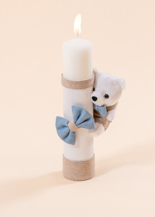 Karim Candle Little White Bear With Bow Blue And Beige Fabric AnneBebe