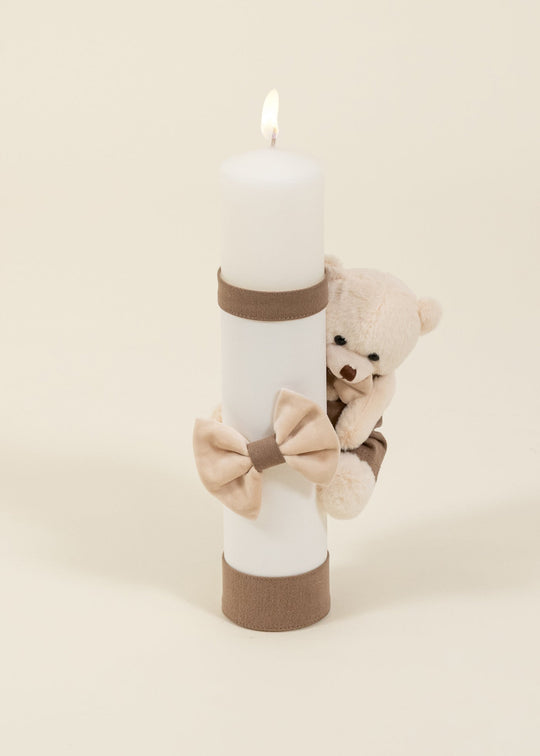 Lumanare Leontin Crem Cu Funde Catifea Bej Si Urs Mic AnneBebe