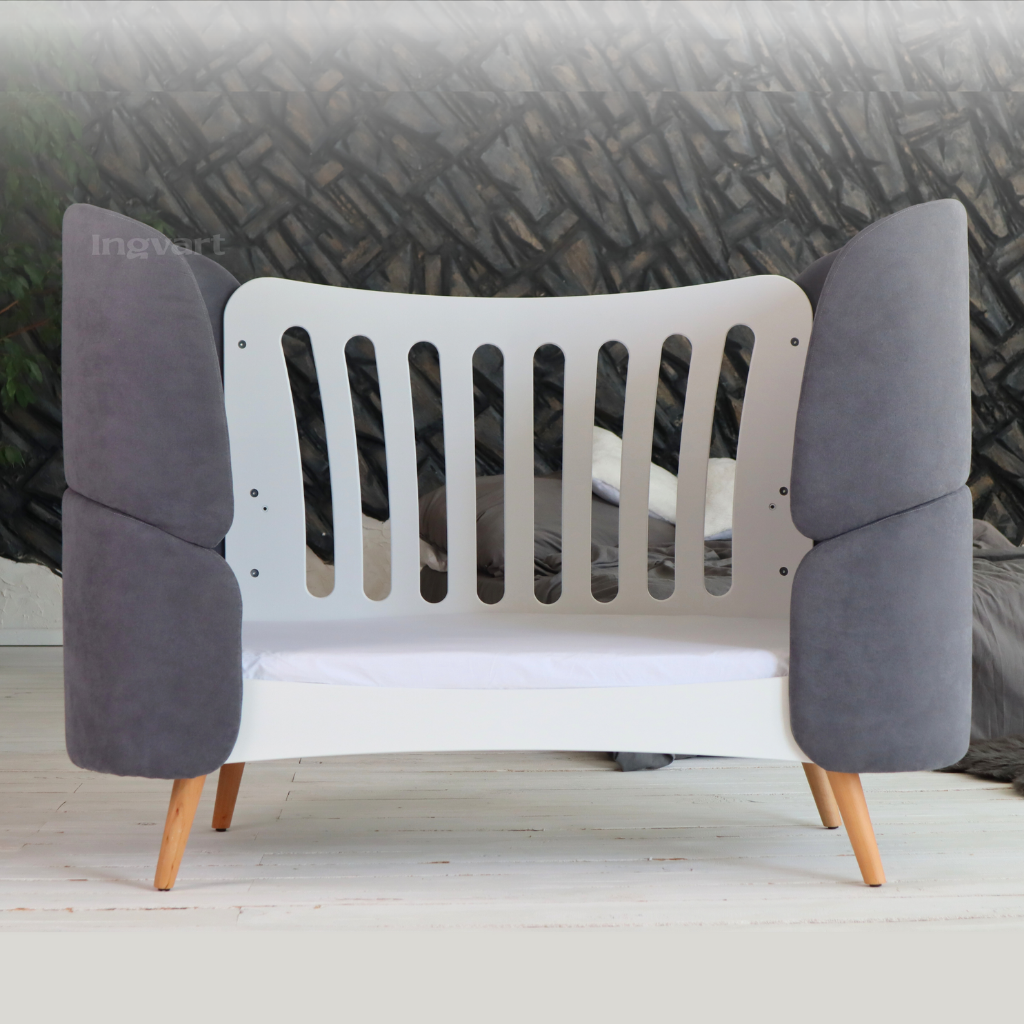 Premium Oval Convertible Crib 6 in 1 Fly White with Padded Velvet Headboards Ingvart 