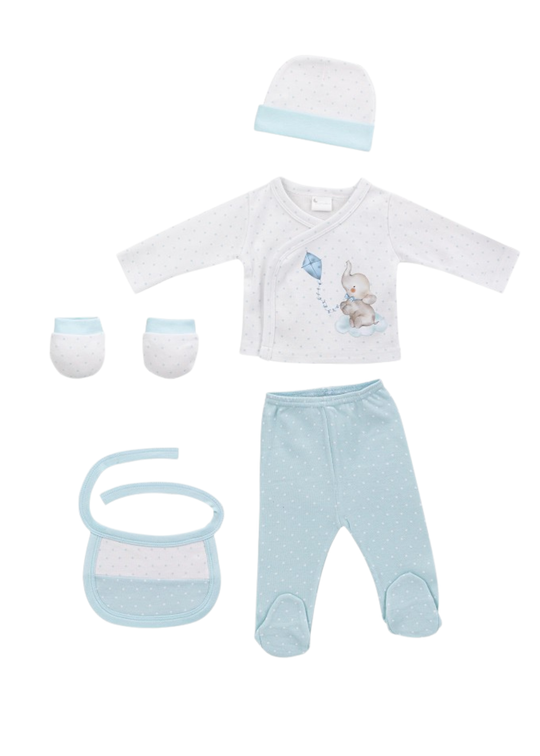Set Nou Nascut 5 Piese Alb-Bleu Imprimeu Elefant SET20 Interbaby