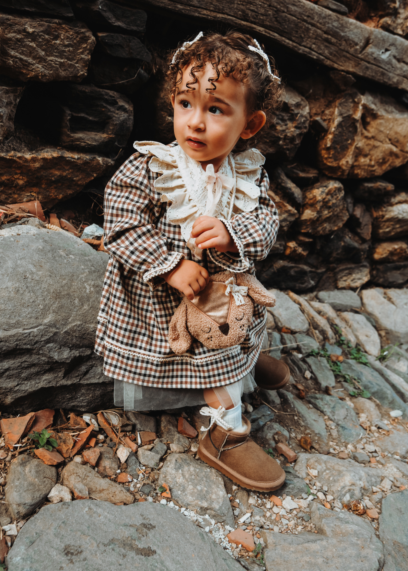 Rochie cu Maneca Lunga Carouri Maro cu Bej si Gentuta Caprioara 3734 Mino Baby