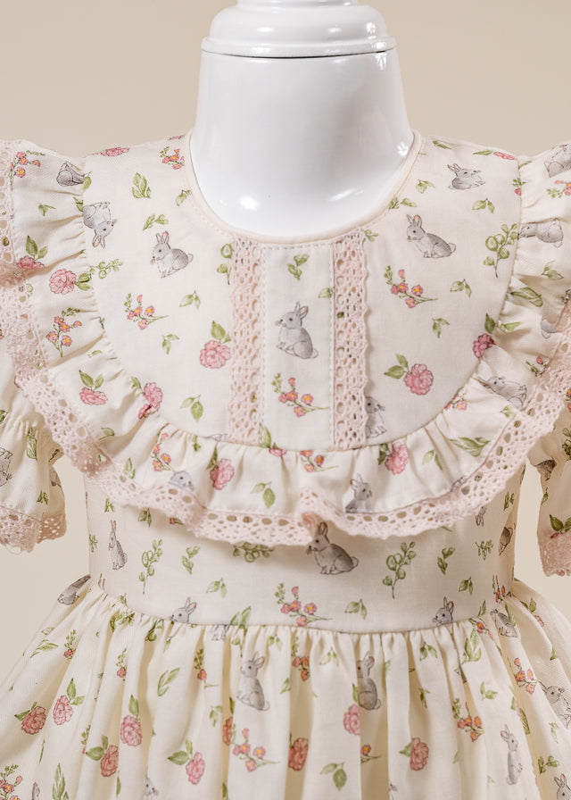 Rochita Imprimeu Iepurasi Si Dantela Roz Prafuit AnneBebe