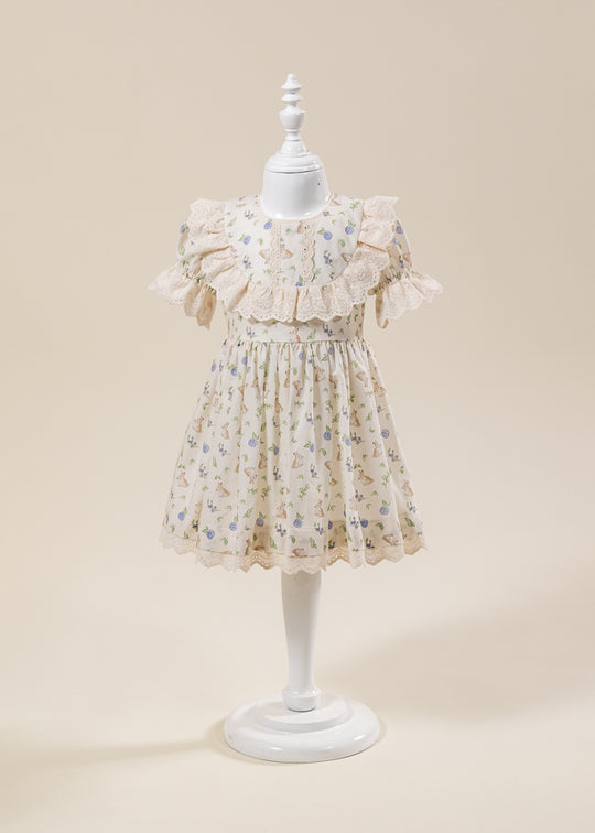 AnneBebe Cream Bunny Print and Lace Dress