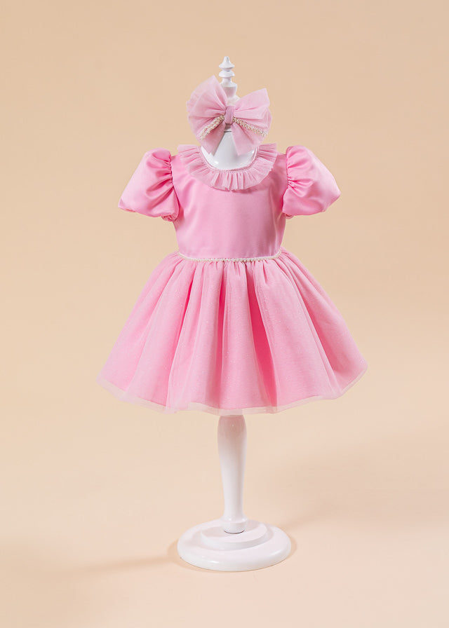 Rochie Roz Fusta Tull Cu Sclipici Si Perle In Talie AnneBebe