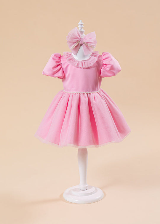 Rochie Roz Fusta Tull Cu Sclipici si Perle In Talie AnneBebe