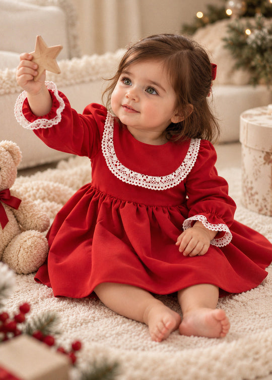 Rochita Eleganta Rosie cu Volane si Dantela pentru Bebelusi – AnneBebe