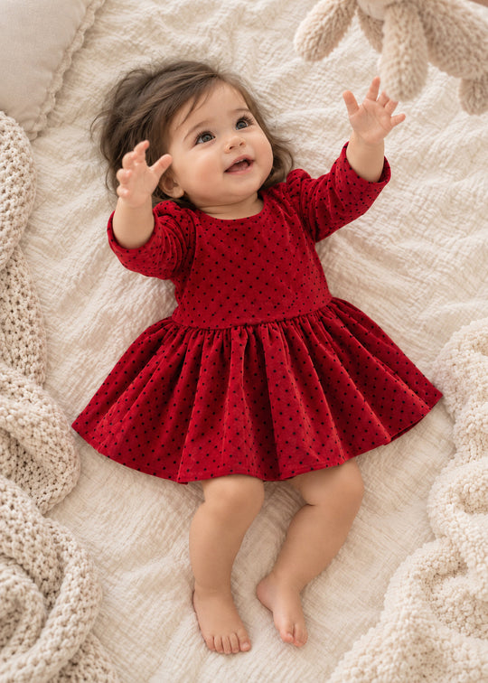 Rochita Eleganta din Catifea Rosie cu Bulinute pentru Fetite – AnneBebe
