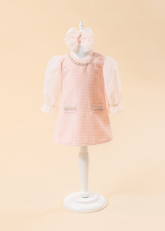 Rochita Stofa Roz Tip Sarafan Cu Perle La Gat Si Buzunare AnneBebe