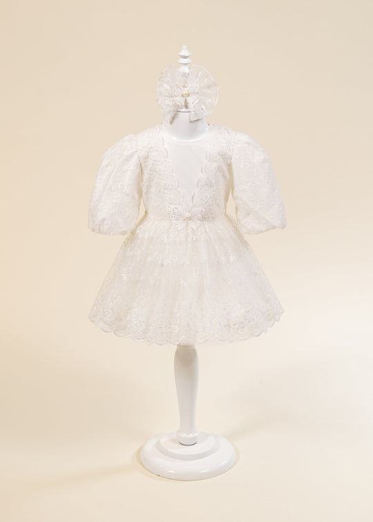 Rochita Alba Bust In V  Cu Dantela Floricele AnneBebe