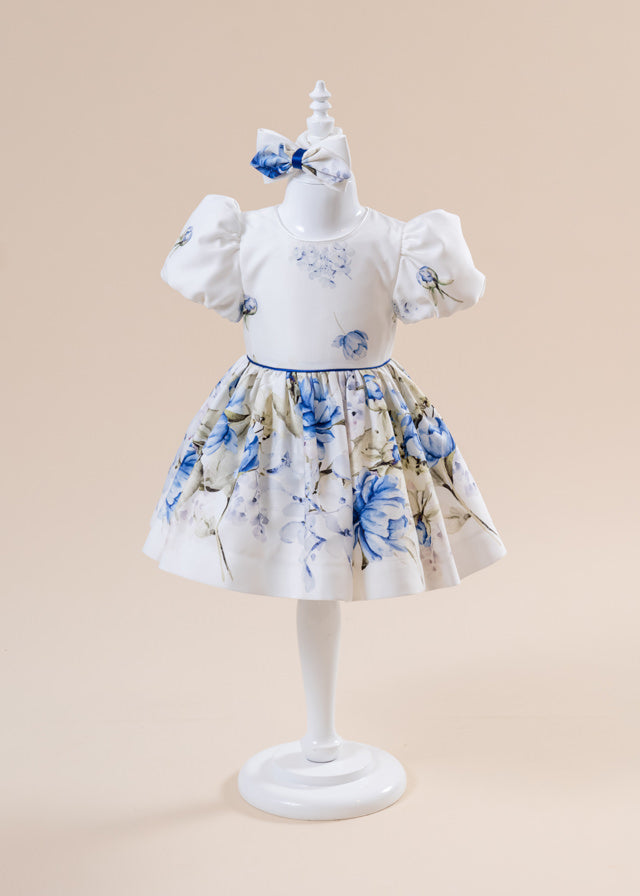 Elegant Daniela Cream Cotton Dress With Blue Flowers AnneBebe 