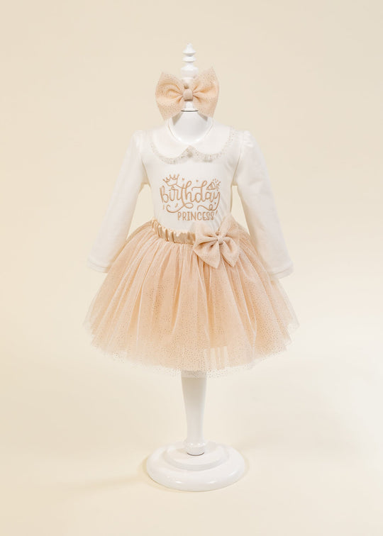 Set Body Brodat Fusta Tutu Capucino Cu Auriu AnneBebe