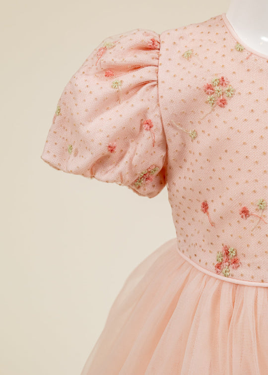 AnneBebe Embroidered Colorful Flowers Salmon Tulle Dress