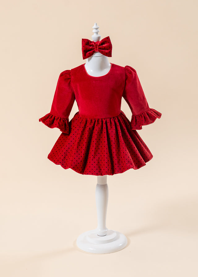 Red Velvet Dress with Black Polka Dots AnneBebe