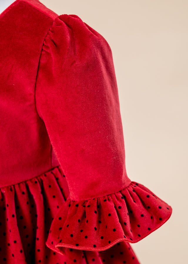 Red Velvet Dress with Black Polka Dots AnneBebe