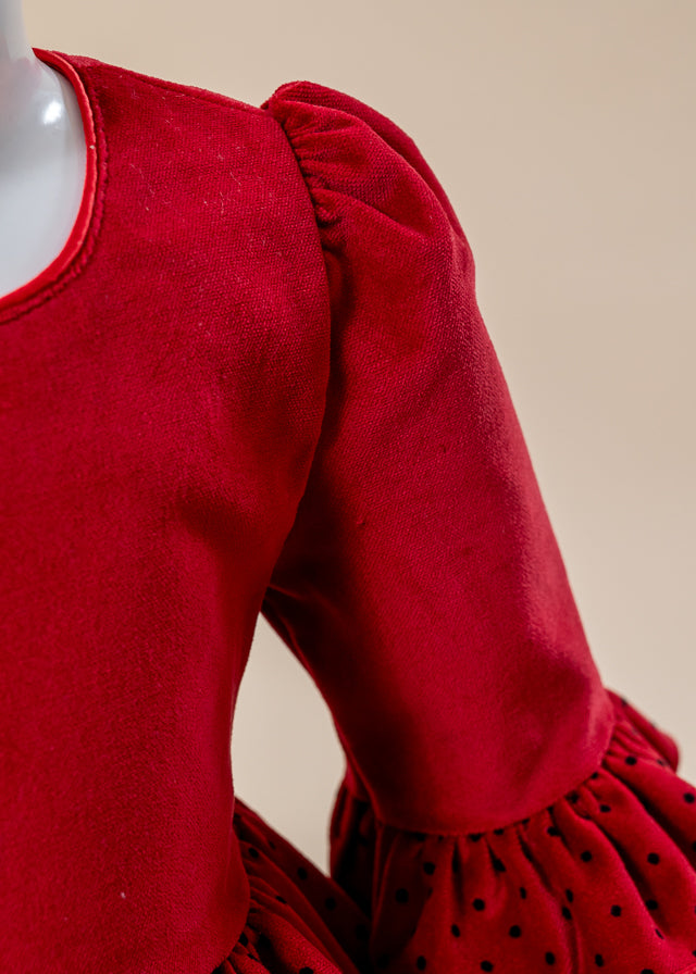 Red Velvet Dress with Black Polka Dots AnneBebe