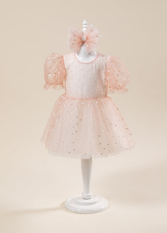 Anda Pink Dress with Daisy Print and Puff Sleeve AnneBebe