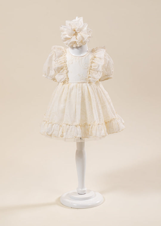 Elegant Dress for Little Girls Cream Velvet Print AnneBebe