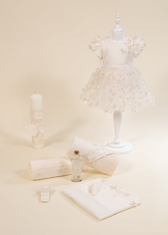 Set Botez Bela 3 Piese, Rochita, Trusou si Lumanare Personalizat Botez AnneBebe