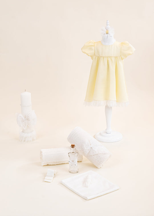 Chantelle Citron Christening Set 3 Pieces Dress Layette and Personalized Christening Candle AnneBebe