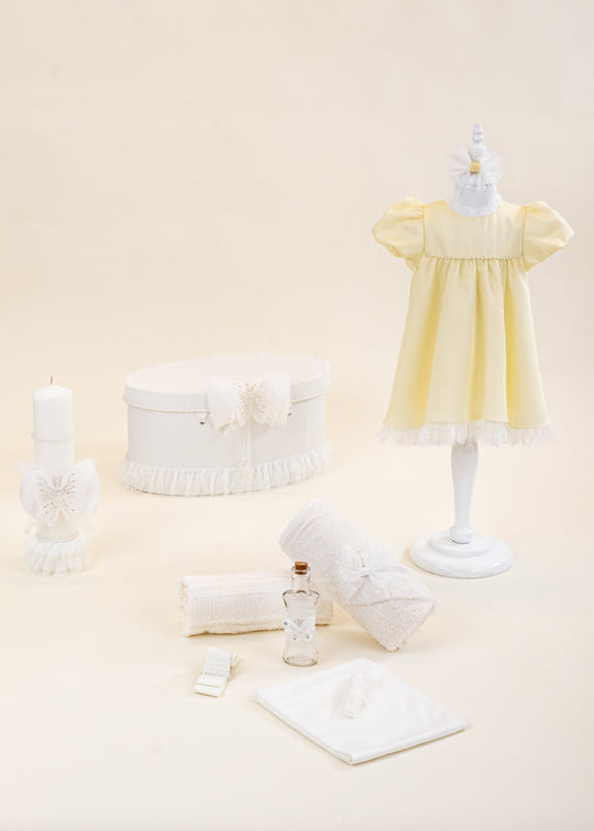 Chantelle Citron Christening Set 4 Pieces Dress Christening Accessories Candle and Personalized Christening Chest AnneBebe