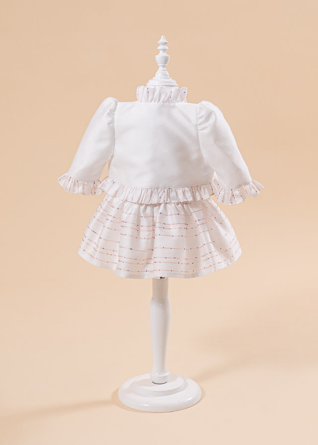 Rochita Tiffany Crem Cu Floricele Si Dungi Fine Cu Paiete Roz AnneBebe