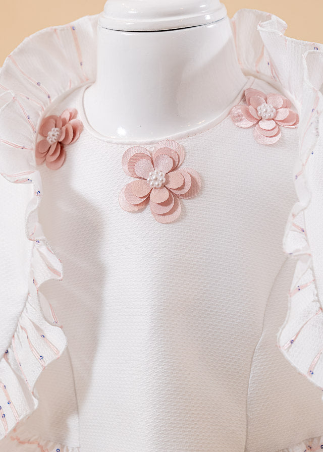 Rochita Tiffany Crem Cu Floricele Si Dungi Fine Cu Paiete Roz AnneBebe