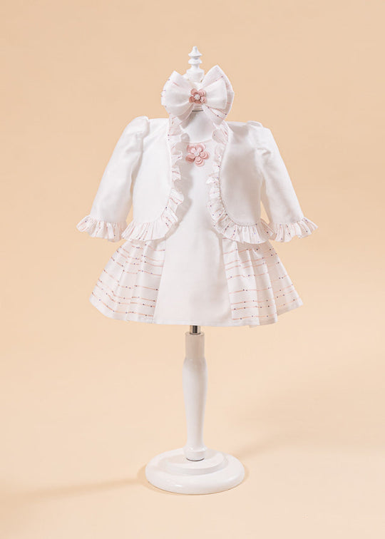 Rochita Tiffany Crem Cu Floricele Si Dungi Fine Cu Paiete Roz AnneBebe