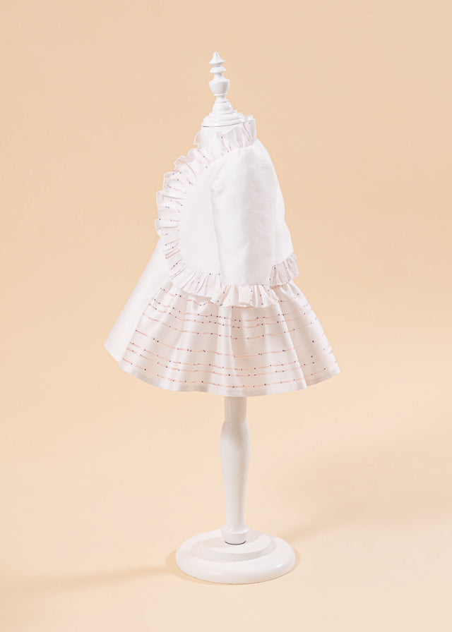 Rochita Tiffany Crem Cu Floricele Si Dungi Fine Cu Paiete Roz AnneBebe