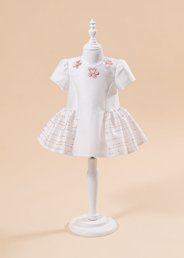 Rochita Tiffany Crem Cu Floricele Si Dungi Fine Cu Paiete Roz AnneBebe