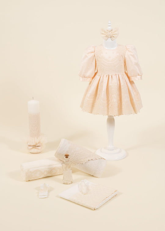 Set Botez Aurora 3 Piese, Rochita, Trusou si Lumanare Personalizat Botez AnneBebe