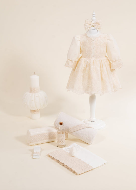 Set Botez Eda 3 Piese, Rochita, Trusou si Lumanare Personalizat Botez AnneBebe