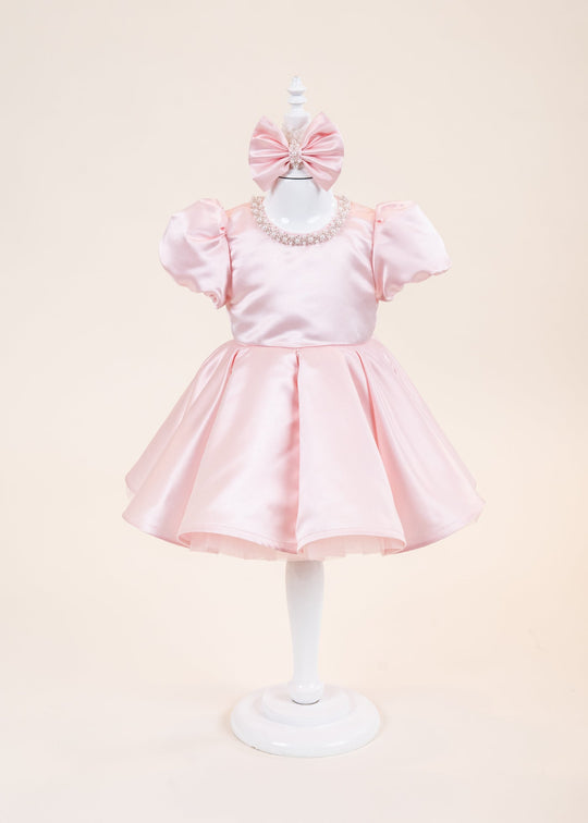 Rochita Catalina Satin Roz Cu Perle La Gat AnneBebe