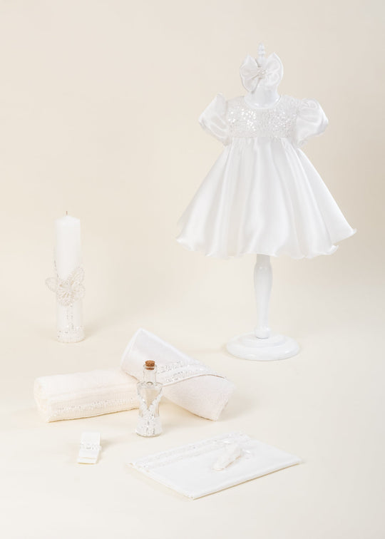 Set Botez Olga 3 Piese, Rochita, Trusou si Lumanare Personalizat Botez AnneBebe