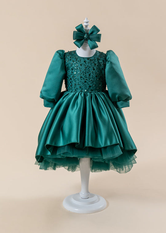 Rochita Eleganta Olivia Verde cu Trena si Fundita AnneBebe