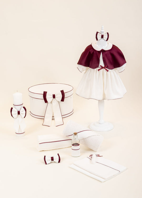 Set Botez Teira 4 Piese, Rochita, Trusou, Lumanare si Cufar Personalizat Botez AnneBebe
