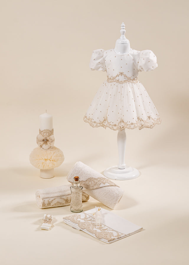 Set Botez Danielle 3 Piese  Rochie Trusou si Lumanare Personalizat Botez AnneBebe