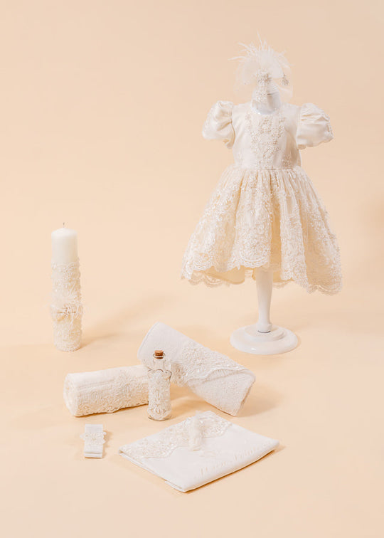 Set Botez Zoe 3 Piese Rochie, Trusou si Lumanare Personalizat Botez AnneBebe