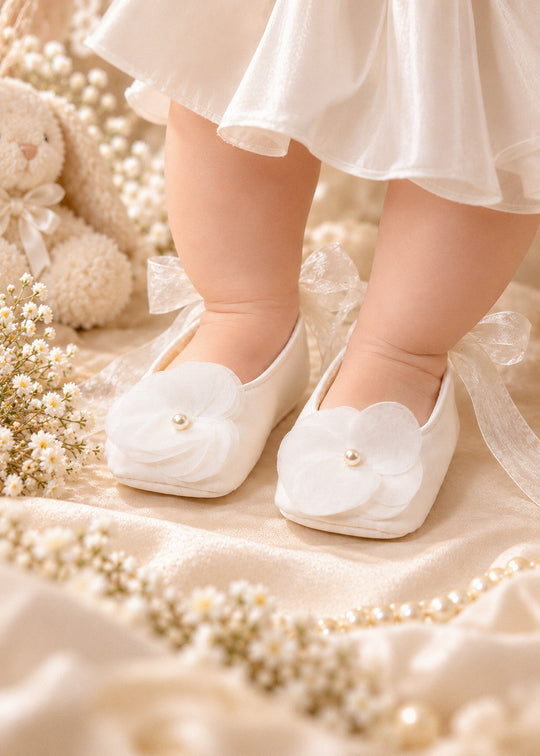 Balerini Cataleya din Satin Crem cu Floare pentru Bebelusi Fete – AnneBebe